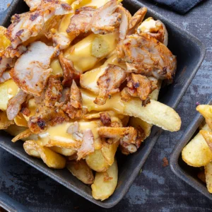 French fries with cheddar and chicken