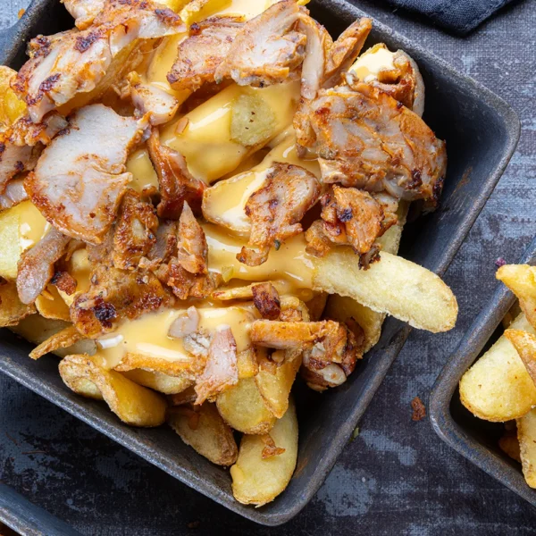 French fries with cheddar and chicken